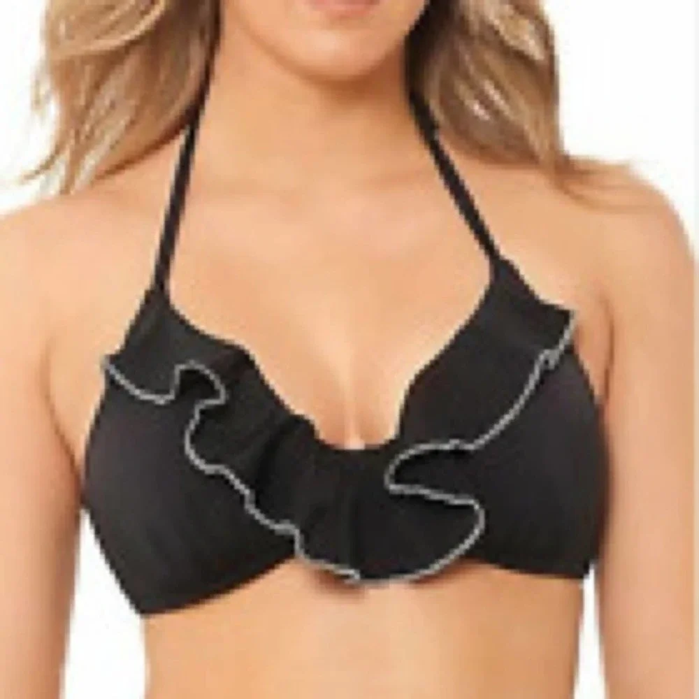 Salt + Cove Women's Black Ruffle Trimmed Push-Up Halter Bikini Swim Top Junior’s - Picture 1 of 3